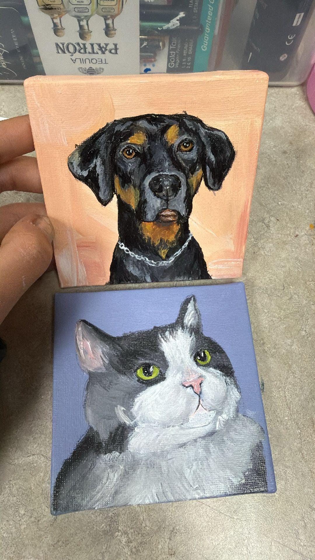 Hand painted CUSTOM PET PORTRAITS 4x4" free mini easel